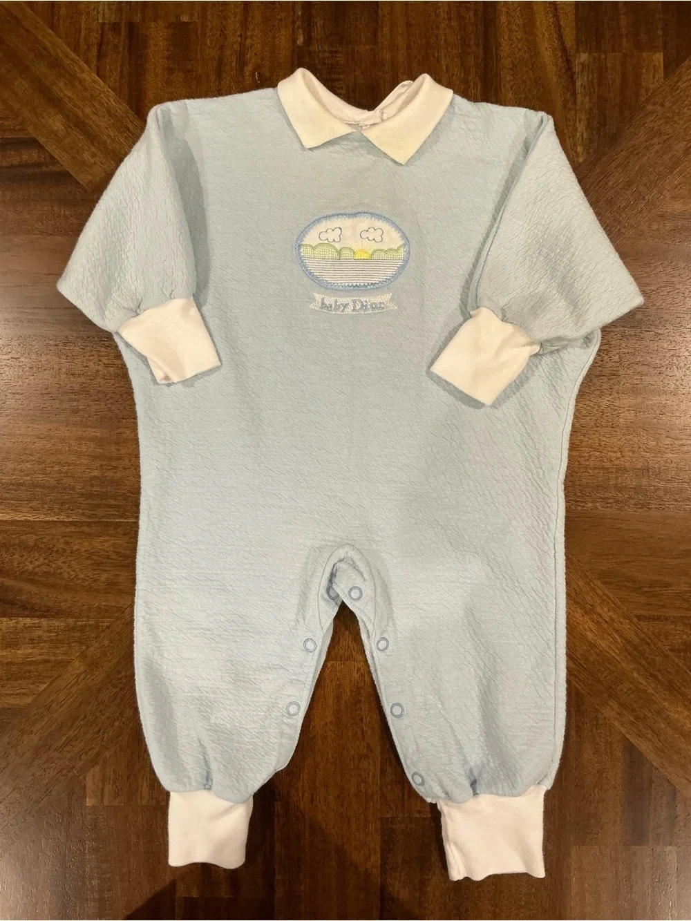Vintage Baby Dior 12 Months Light Blue Cotton One-Piece Romper